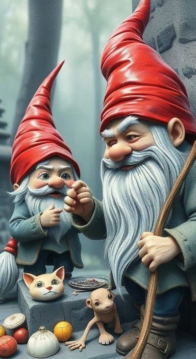 Gulliver's Whimsical Gnome Adventure: Storybook Illustration