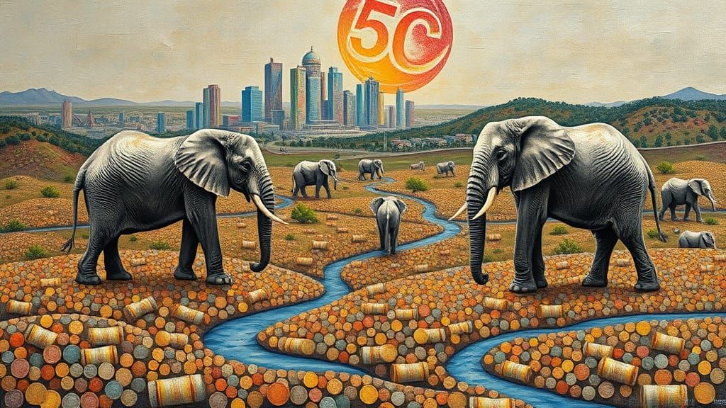 Elephants Amidst Coin Landscapes and Currency Cityscape