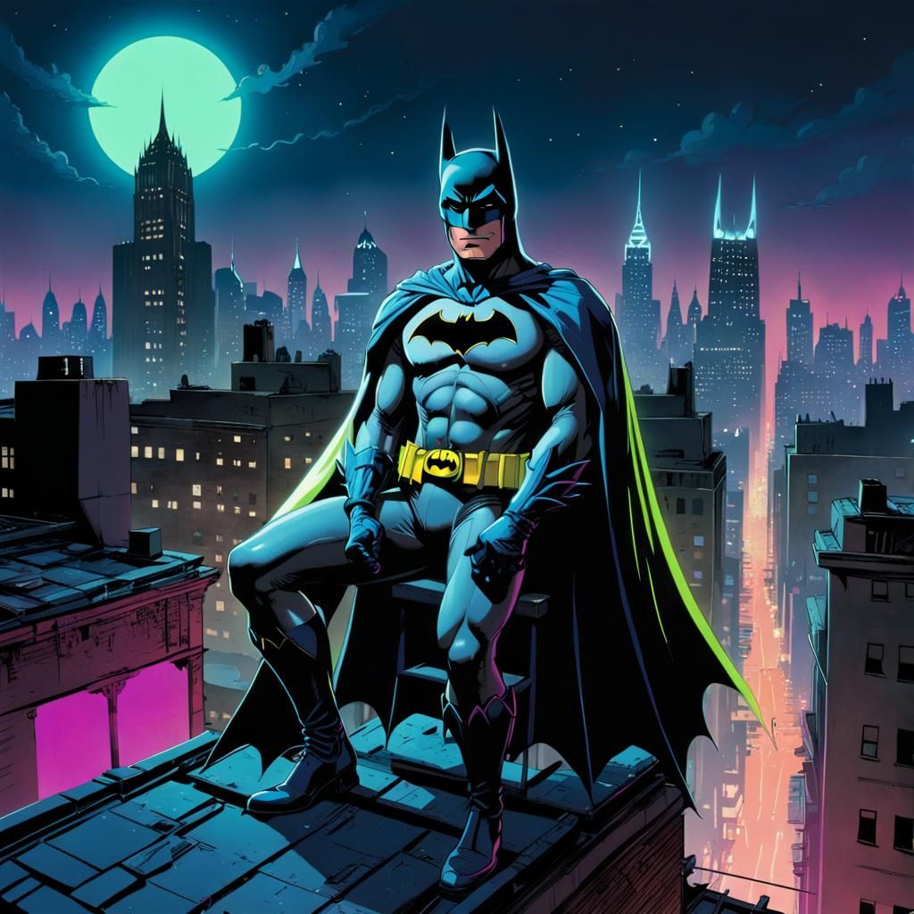 Neon Retro Batman on Gotham Rooftop