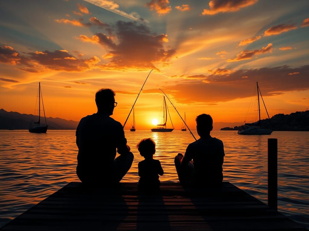 Serene Sunset Silhouette of Father and Son on Weathered Dock