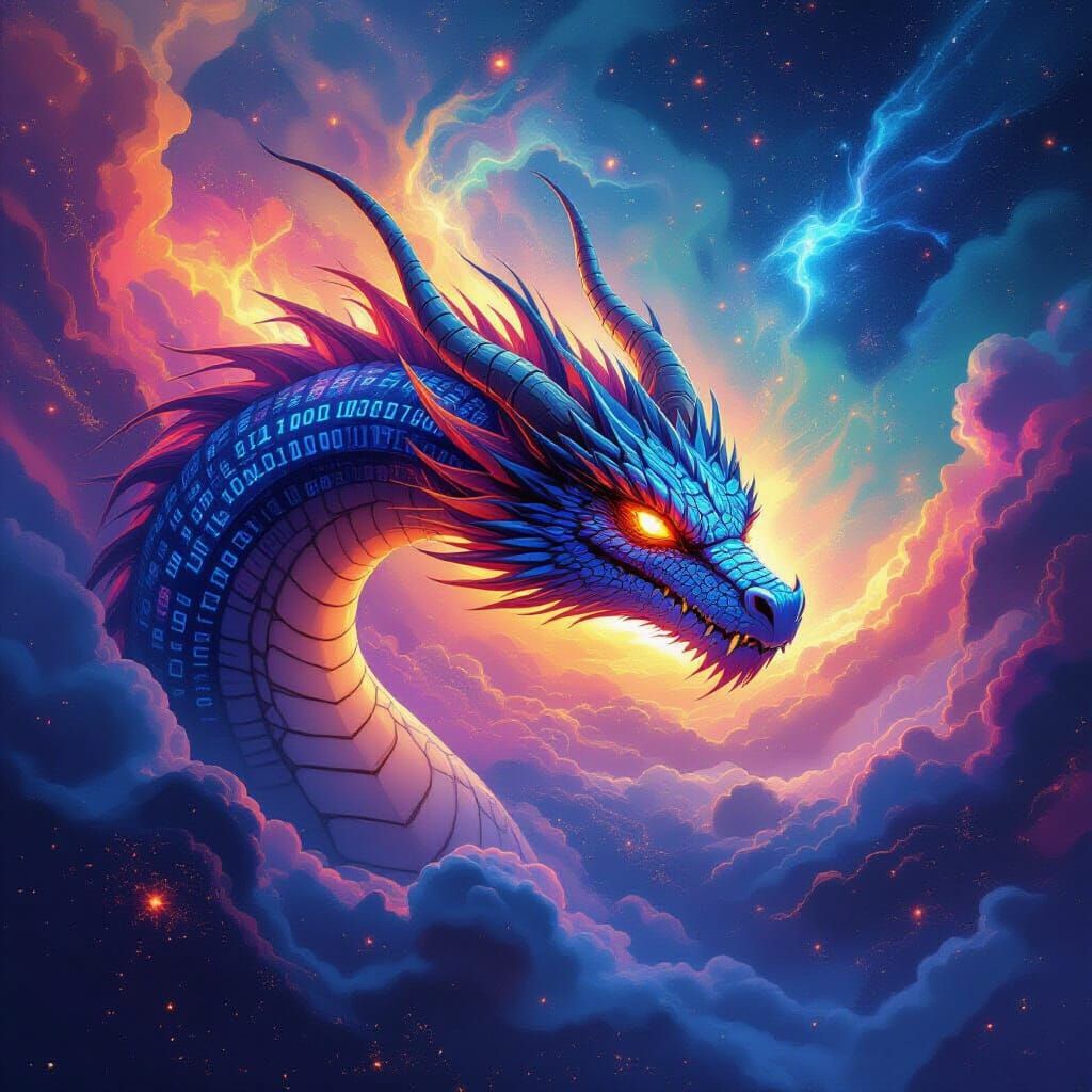 Dragon of Binary Code Soars Through Cosmic Data Nebula