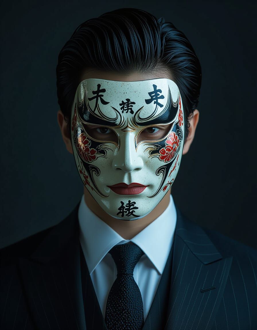 Man in Suit with Edo Kabuki Mask and Calligraphy