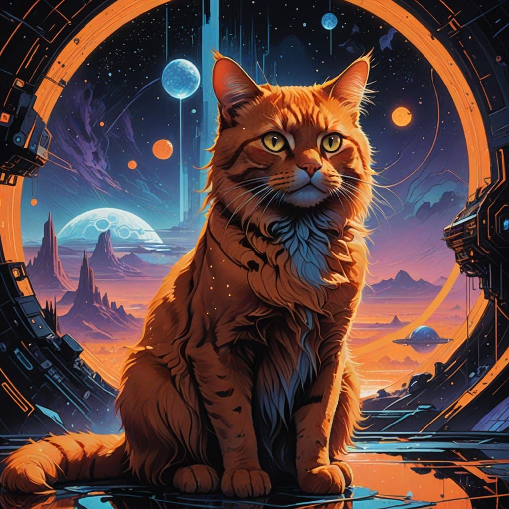 Vibrant Orange Cat Amidst Cosmic Light