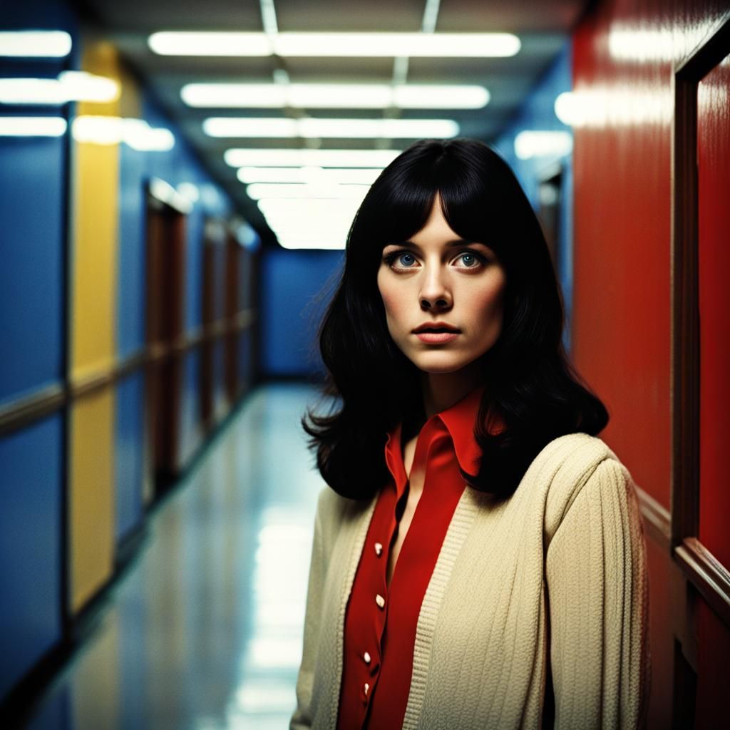 1970s Horror: Pretty Woman in Red Corridor