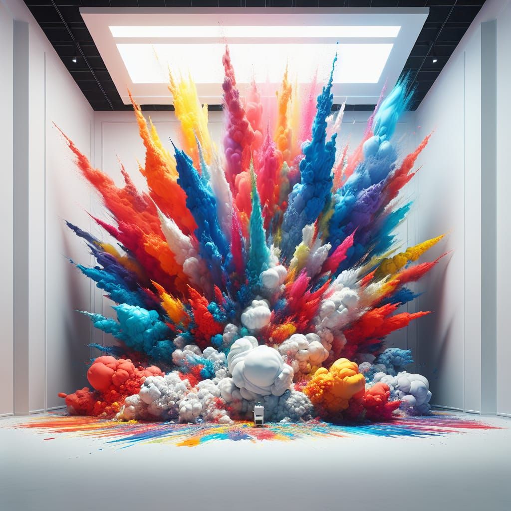 Paint Explosion Creates Vivid Mural in White Room