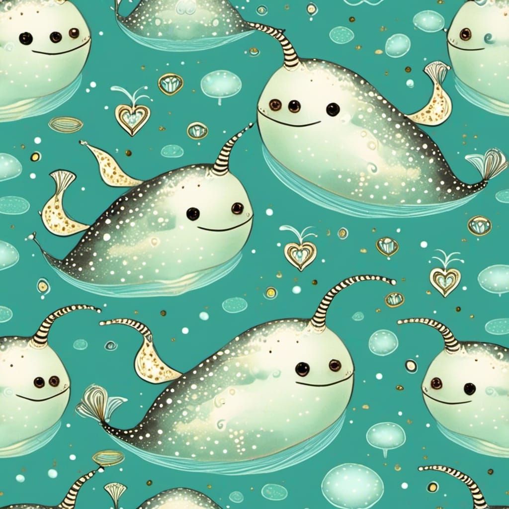 Cartoon Narwhal Swimming in a Colorful Ocean