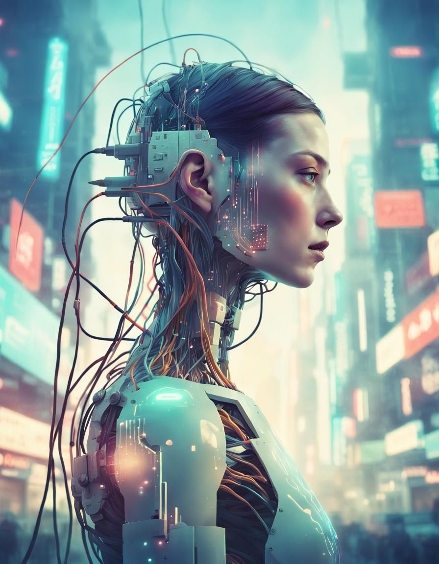 Faded Cyborg Android Connected to Universe