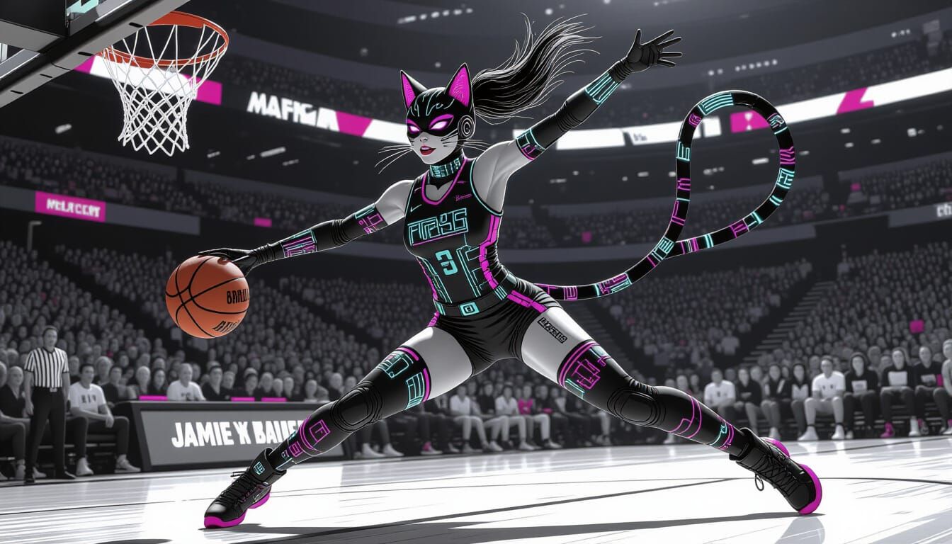Cyberpunk Catwoman Slam Dunk in Neon Arena