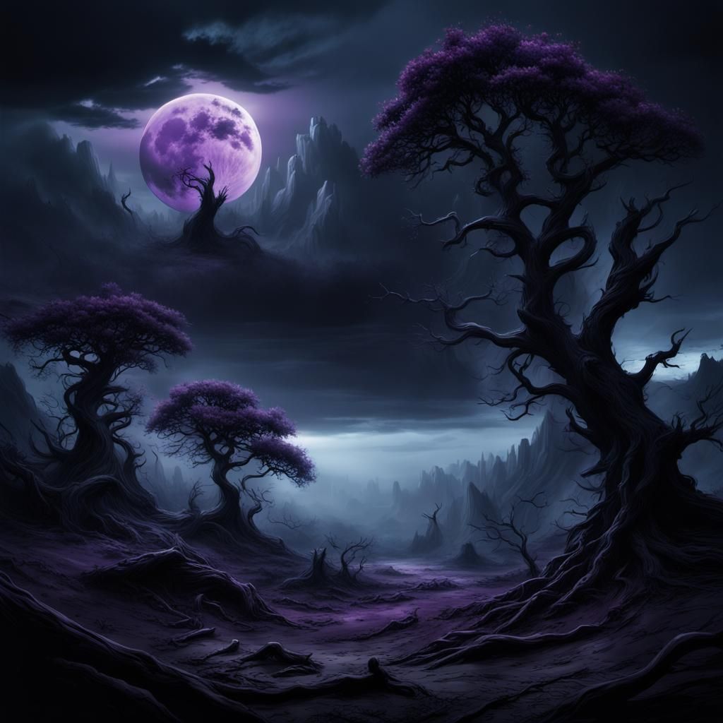 Mystical Dark Fantasy Landscape Under Black Moon