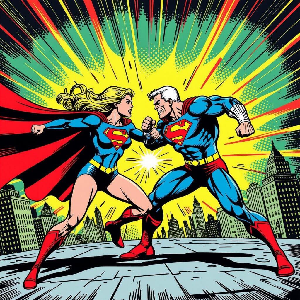 Supergirl and Doomsday Fight in Gotham City Retro Comic Styl...
