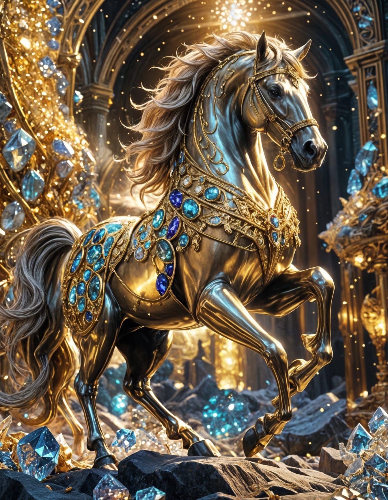 Golden Horse Adorned with Diamonds and Crystals