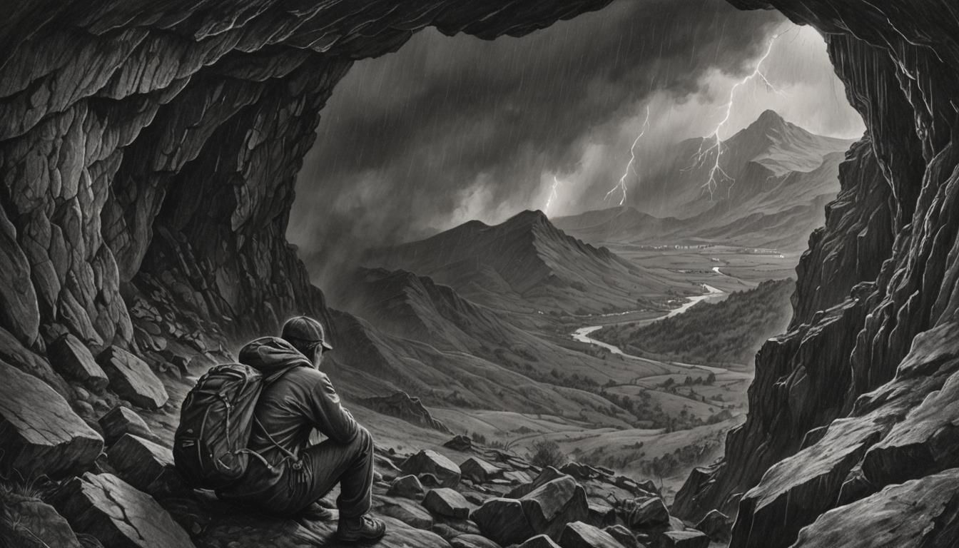 Welsh Winter Storm Shelter in Charcoal Drawing