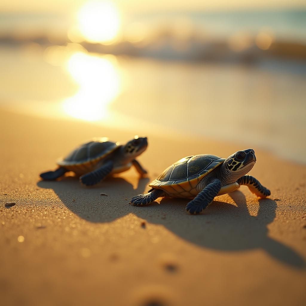 Baby Turtles on a Sun-Kissed Beach in Cinematic Style