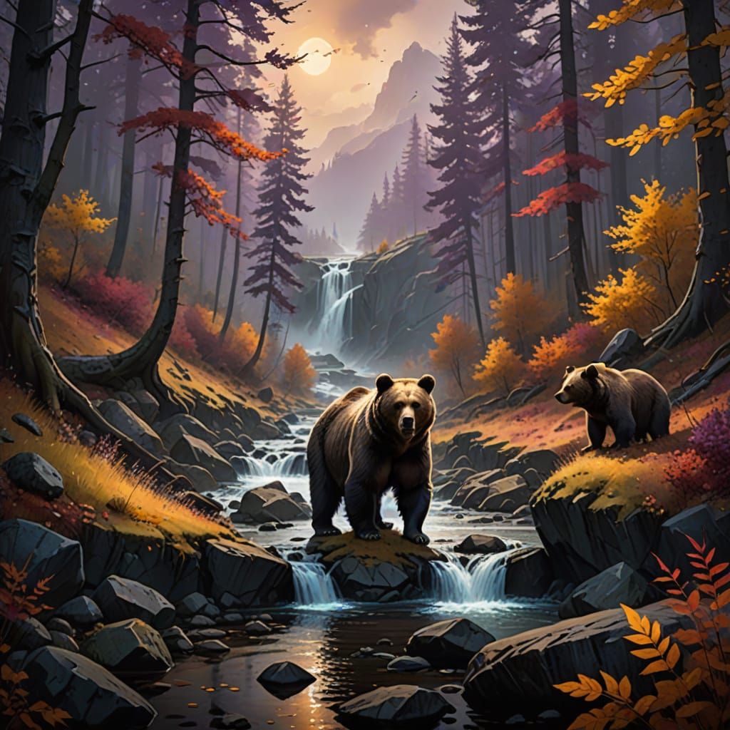 Epic Autumn Fantasy: Grizzly Bears in Mysterious Forest Real...