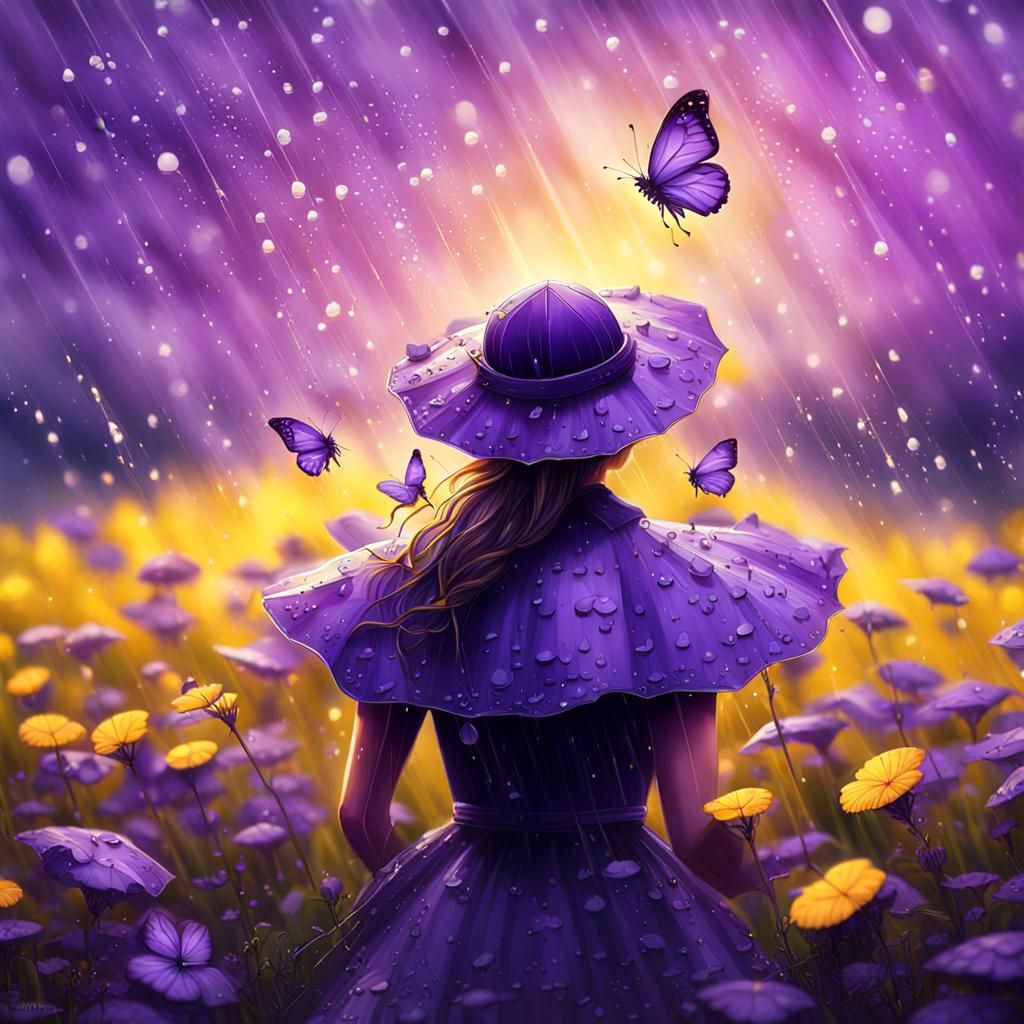 Violet Flower with Raindrops and Butterflies