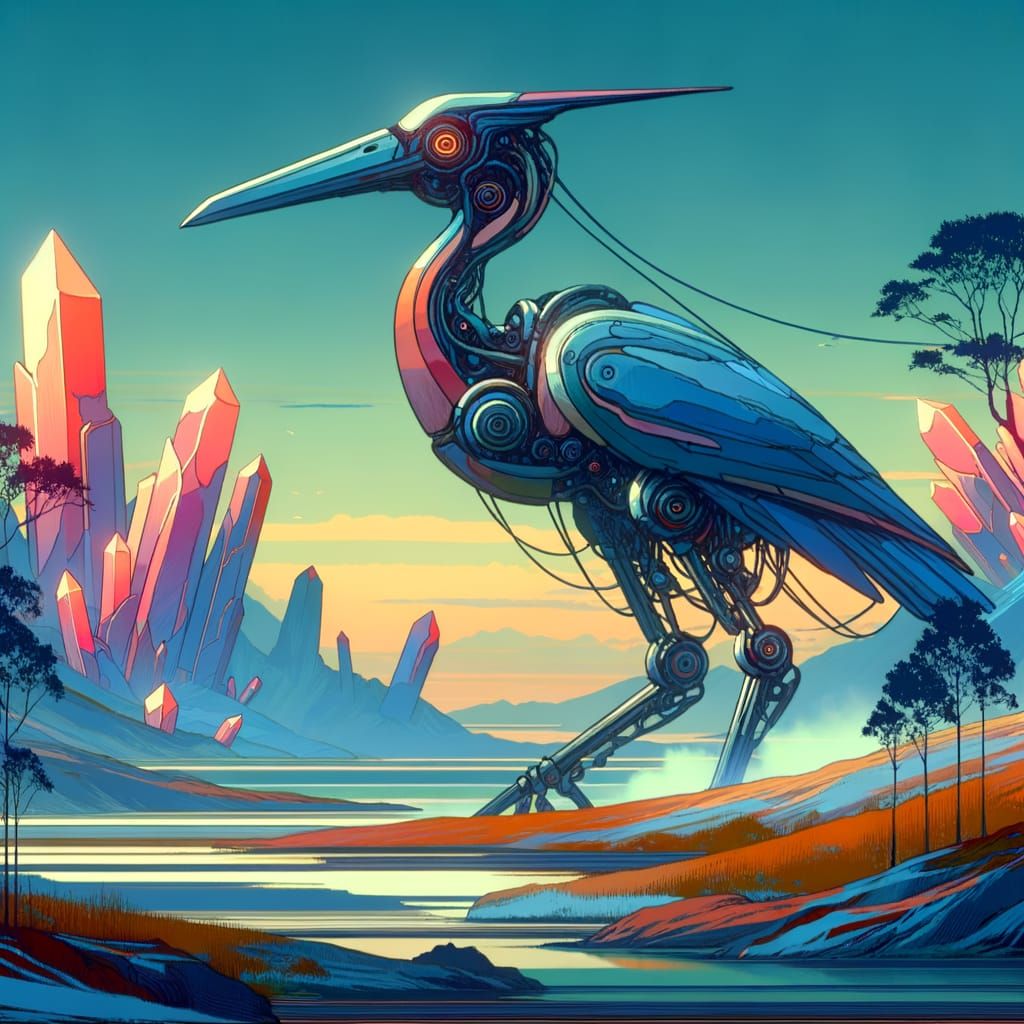 Colossal Robot Heron in Sci-Fi Landscape