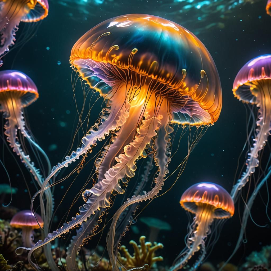 Bioluminescent Jellyfish Mushroom Hybrid in Deep Sea
