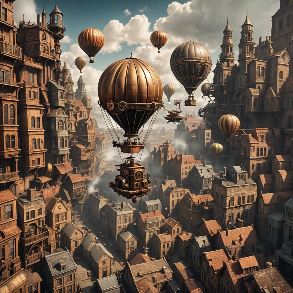 Steampunk Hot Air Balloon Over Old City