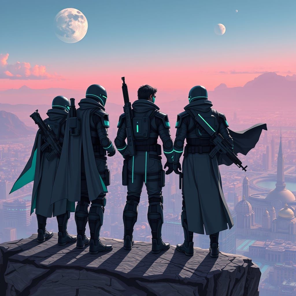 Mercenaries Overlook Retro-Futuristic Metropolis