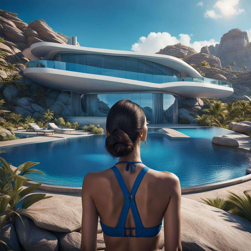 Hyperrealistic Woman in Blue Bikini at Futuristic Villa