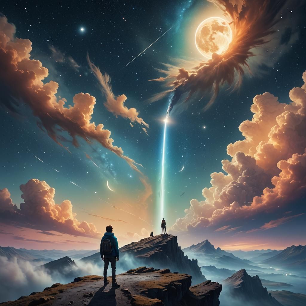 Celestial Figure Gazing at Comet in Magical Landscape