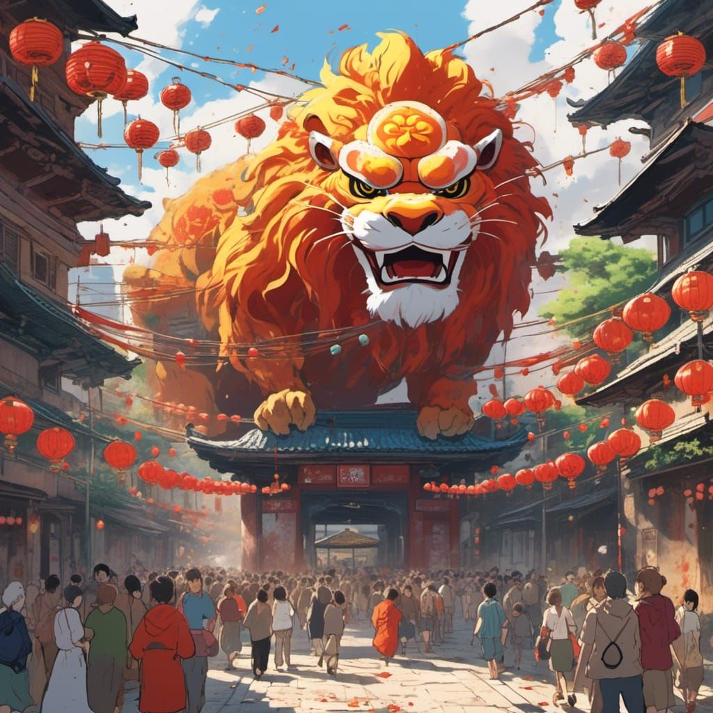 New Year Lion Dance in Anime Style
