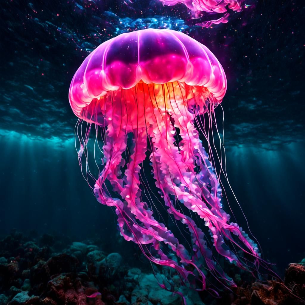 Giant Pink Glowing Jellyfish in the Sea