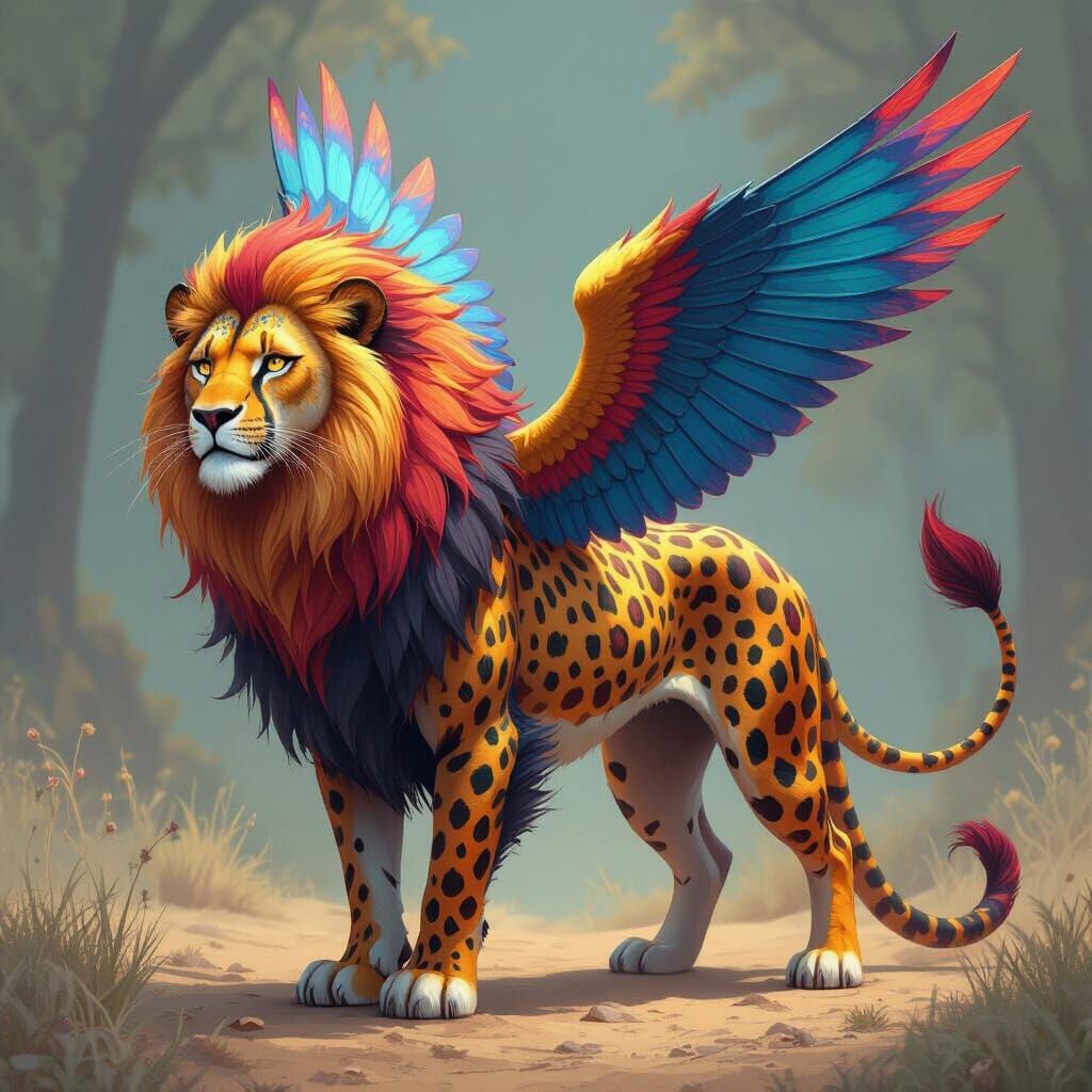 Winged Lion with Snake Tail in Futuristic Style
