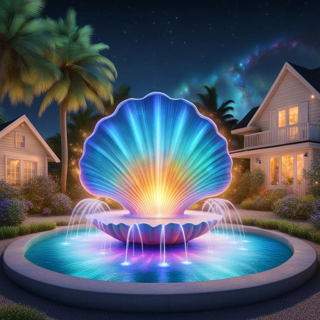Shell Water Fountain at Night