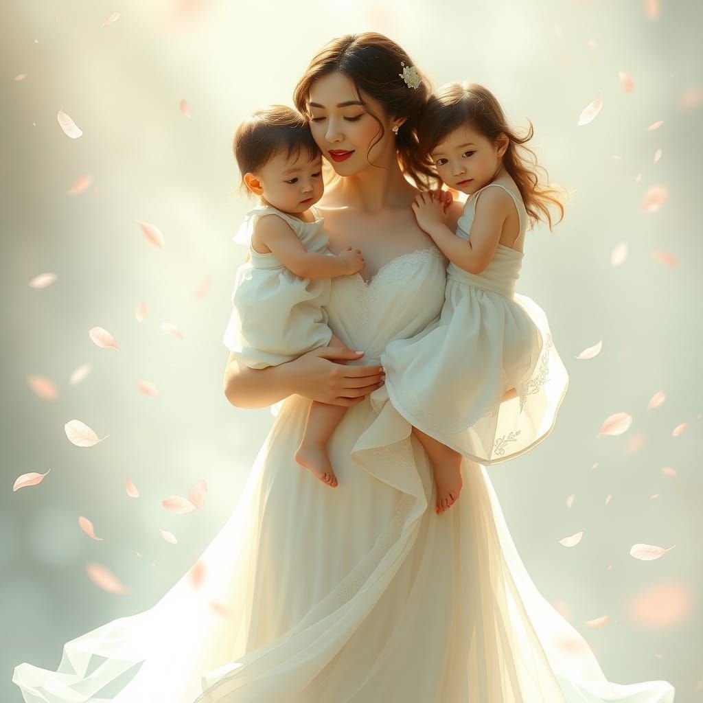Mother and Children in Whimsical Fantasy Scene