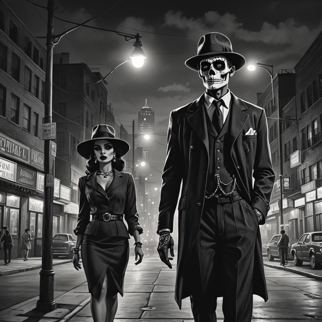 Film Noir Sugar Skull Zoot Suiter in Cityscape