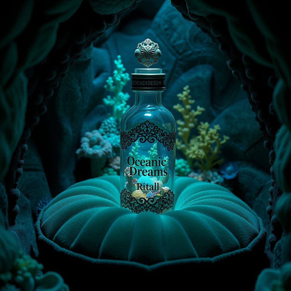 Oceanic Dreams Vial in Bioluminescent Grotto, Cosmic Surreal...