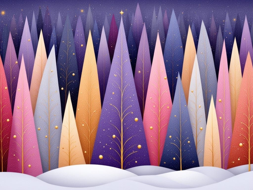 Art Nouveau Christmas Trees with Ornaments in Watercolor