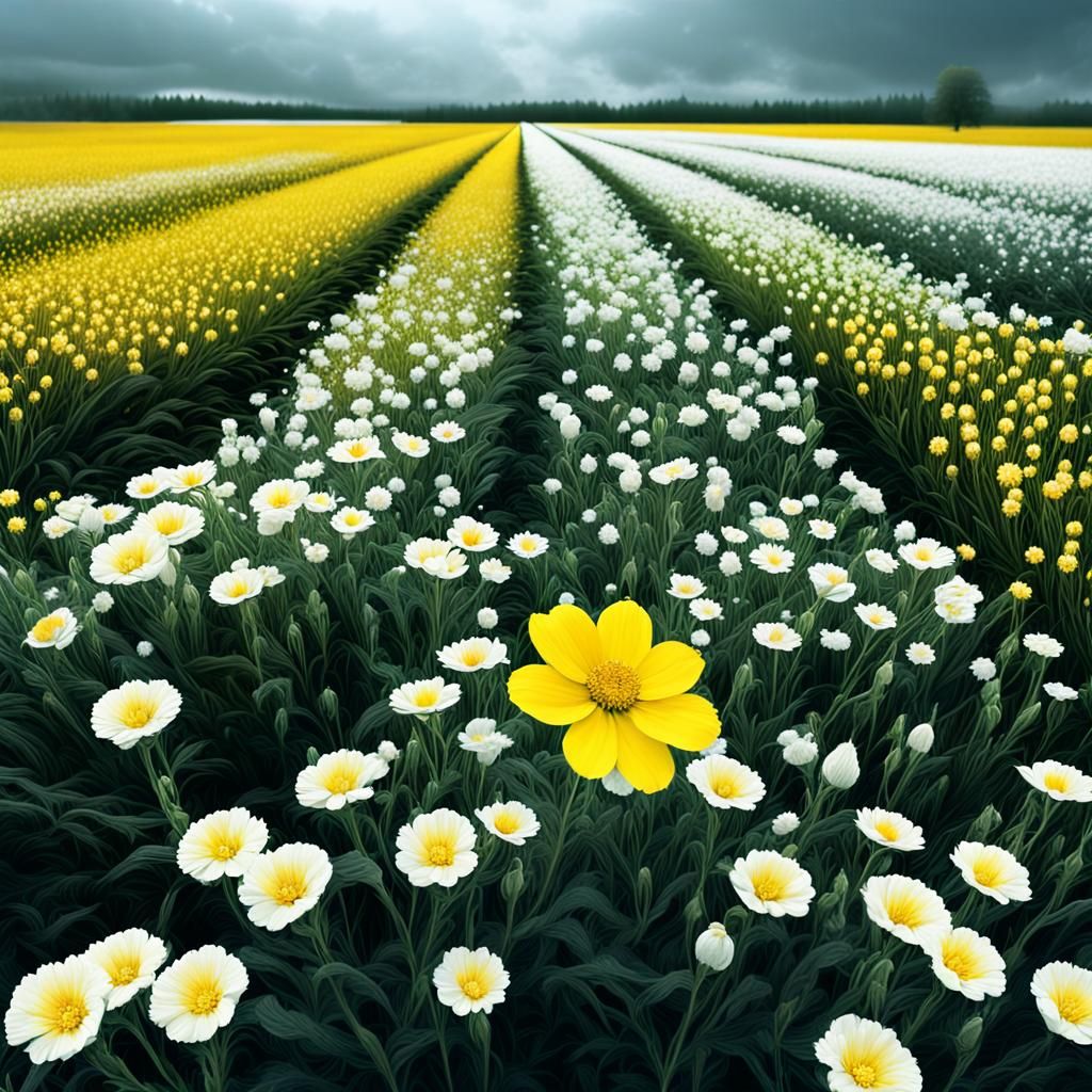 Yellow Flower Amid White Flowers: Dramatic Digital Painting