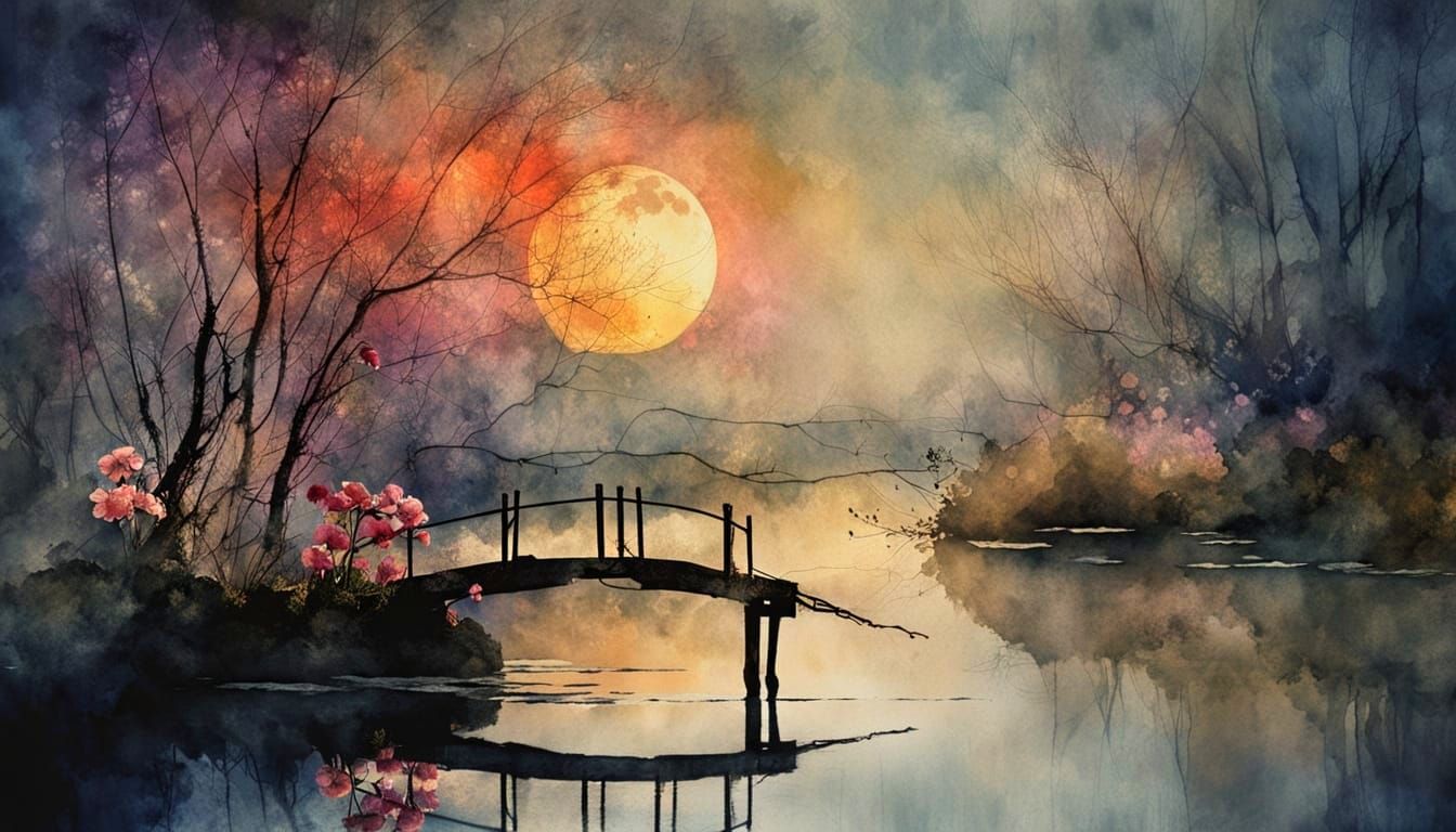 A Japanese Lady Crosses a Bridge at Sunrise