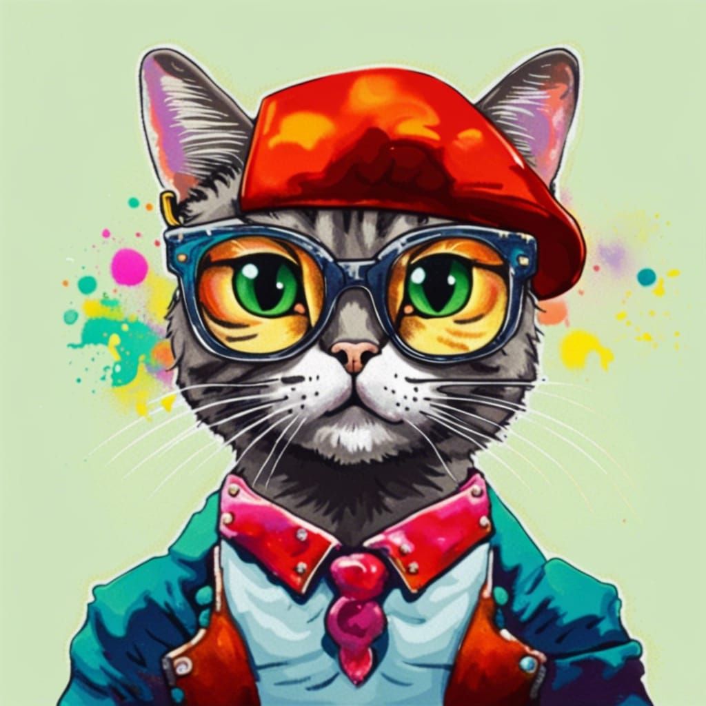 Hipster Cat in 70's Graffiti Style