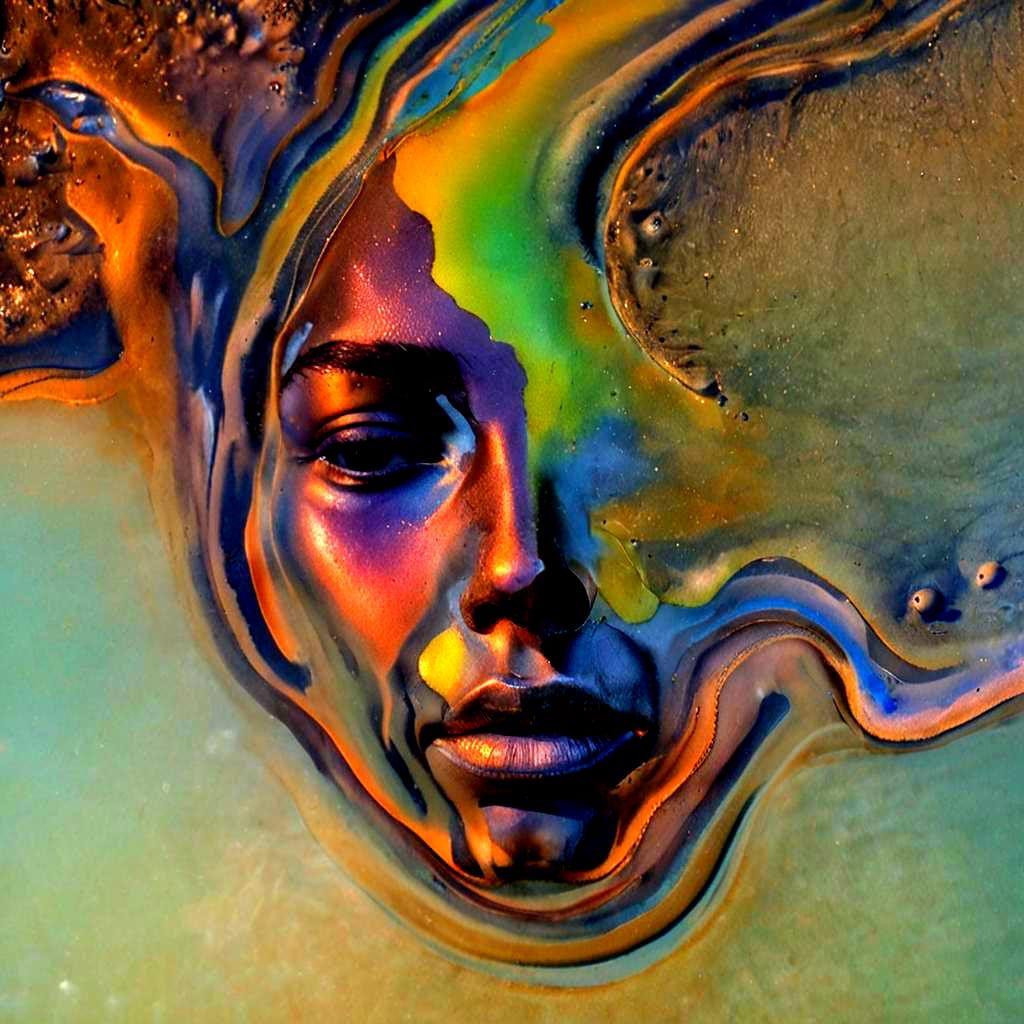 Iridescent Melted Face in Oil Slick Double Exposure