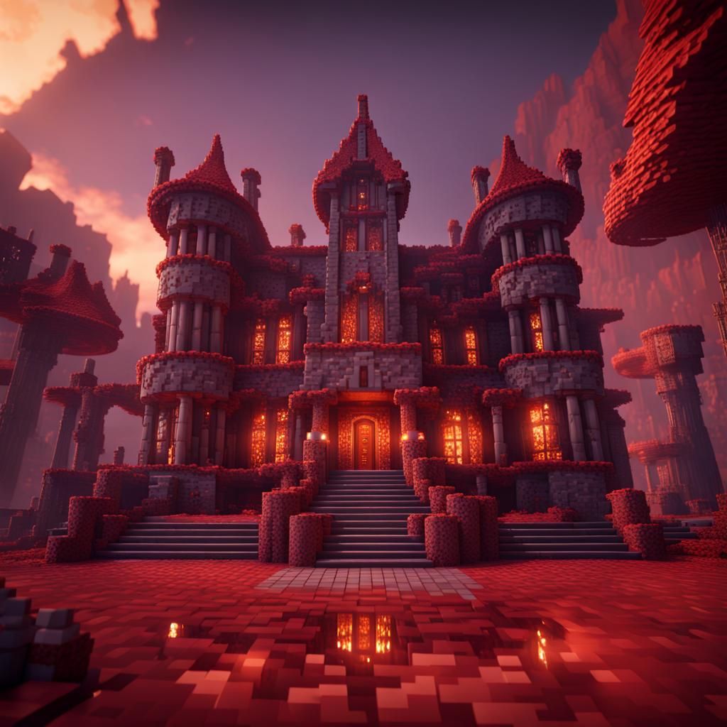 Minecraft Mansion with Nether Dragon, Detailed Matte Paintin...