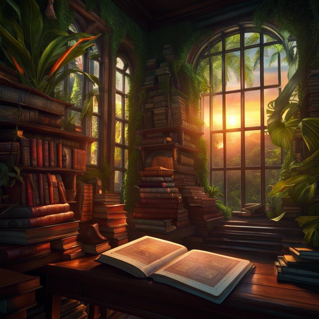 Lush Jungle Library with Waterfall View