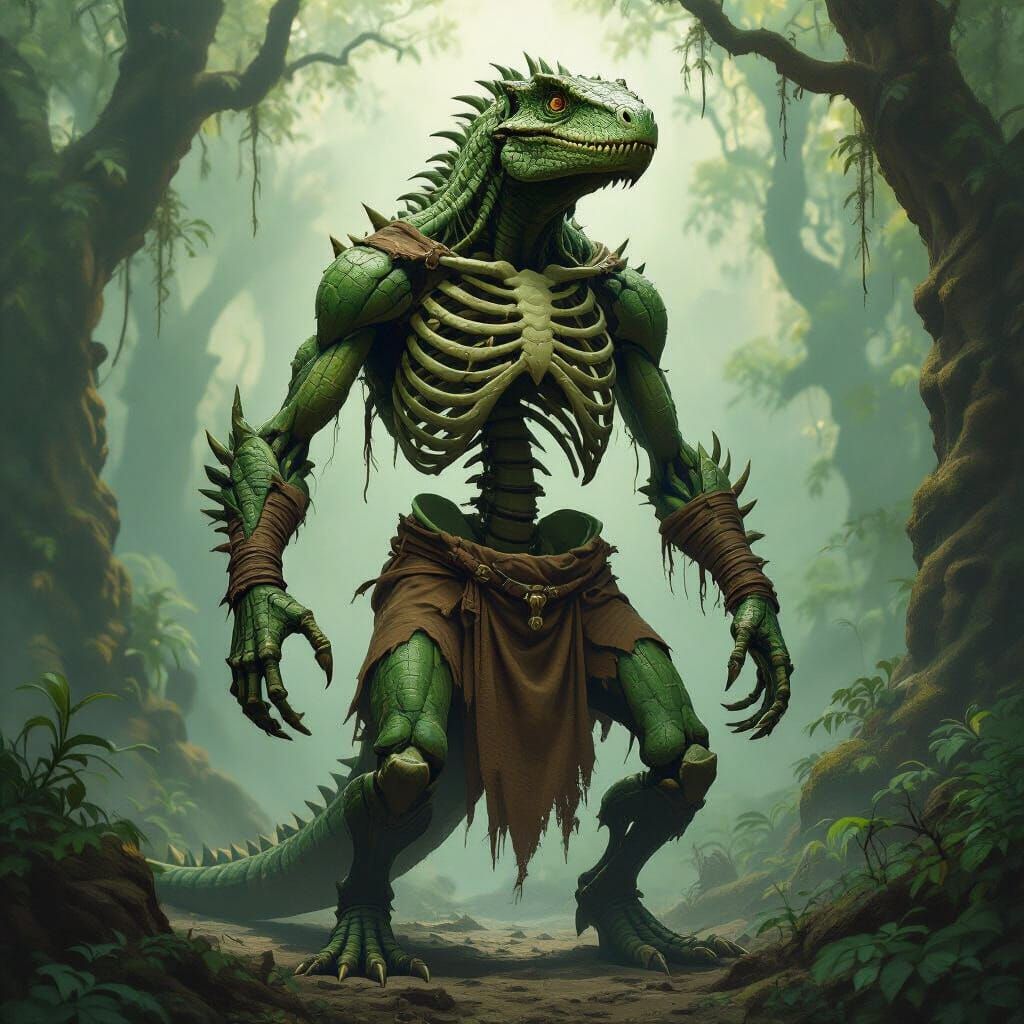 Emerald Lizardman Skeleton in Ancient Forest