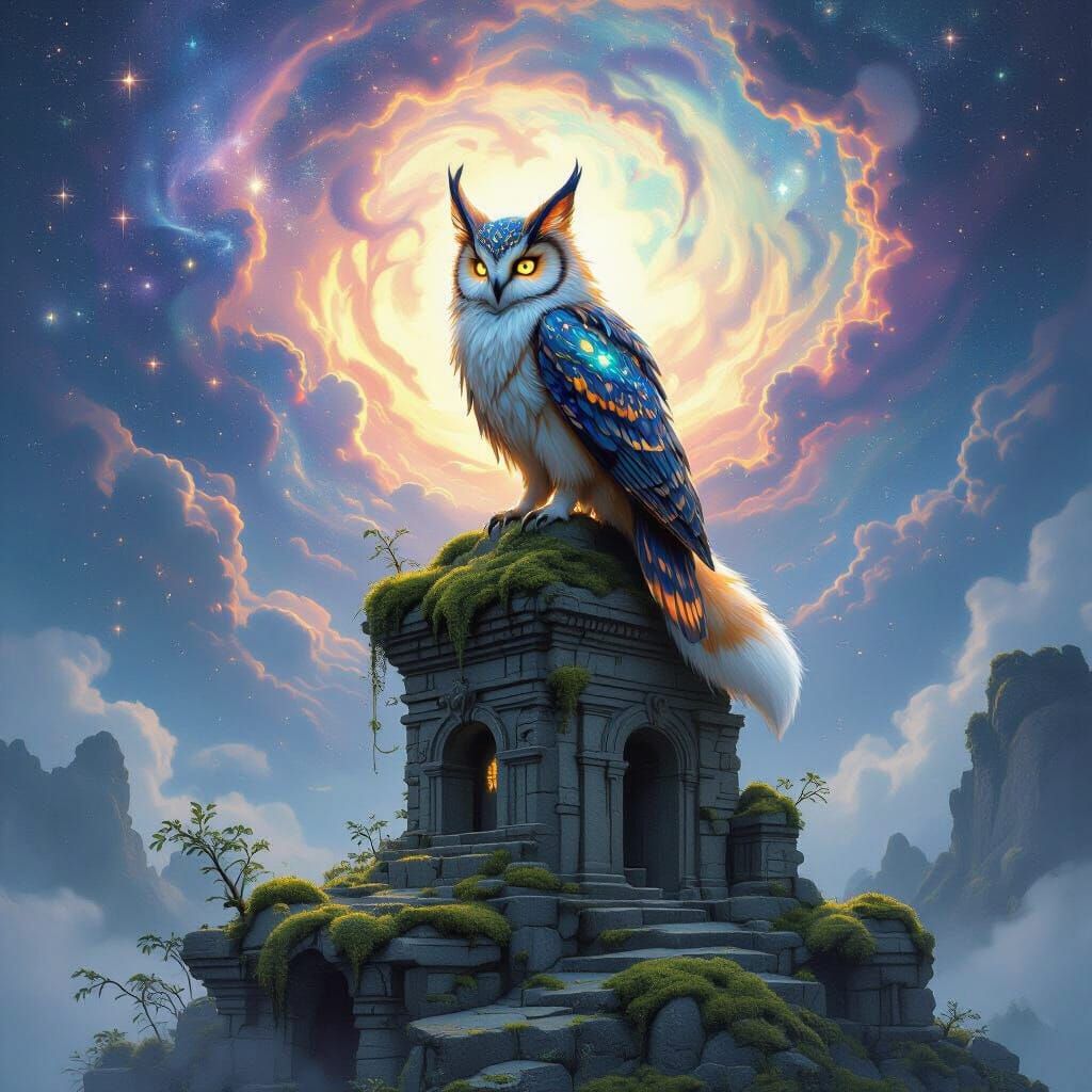 Fantasy Owl-Fox Creature on Ancient Ruins