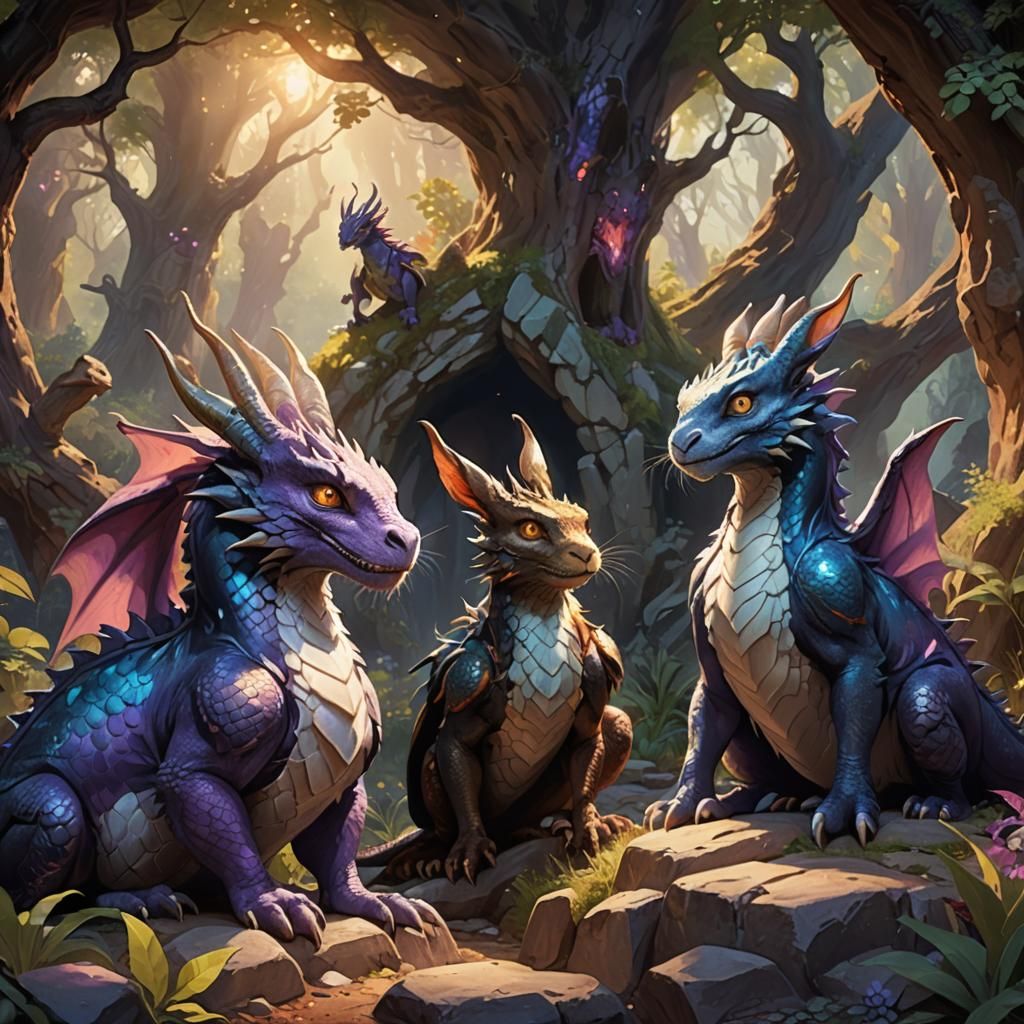 Dragons' Dispute Judged by Bunny: Fantasy Art