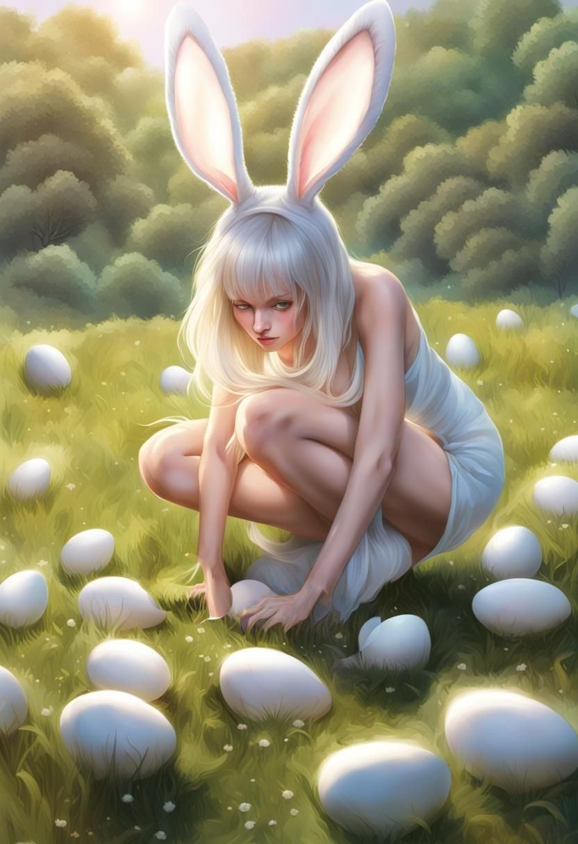 Rabbit-Eared Woman in Lush Meadow: Hyper-Realistic Art