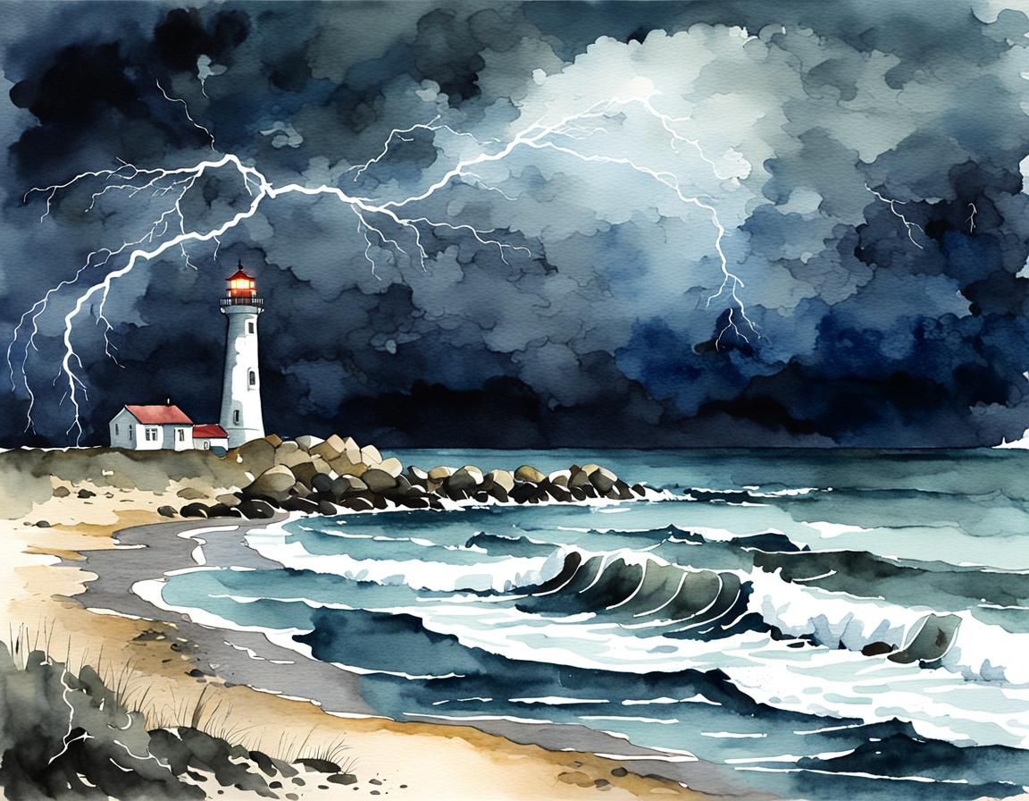 Ominous Lighthouse on Stormy Beach Watercolor Painting