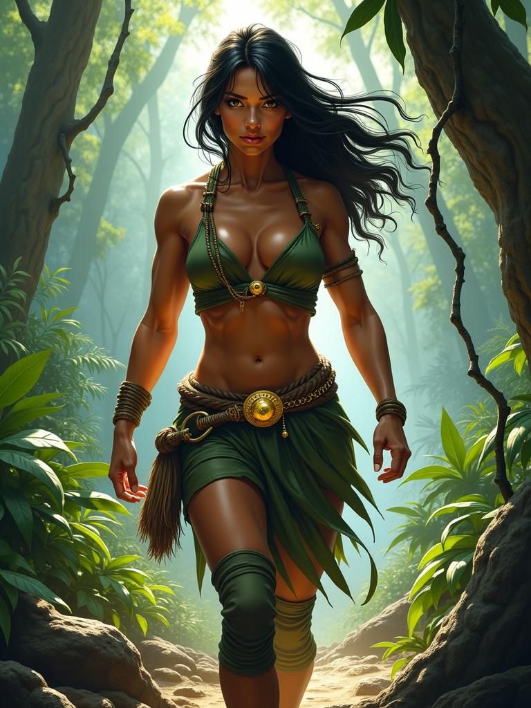 Muscular Jungle Warrior Emerges, Fantasy Art