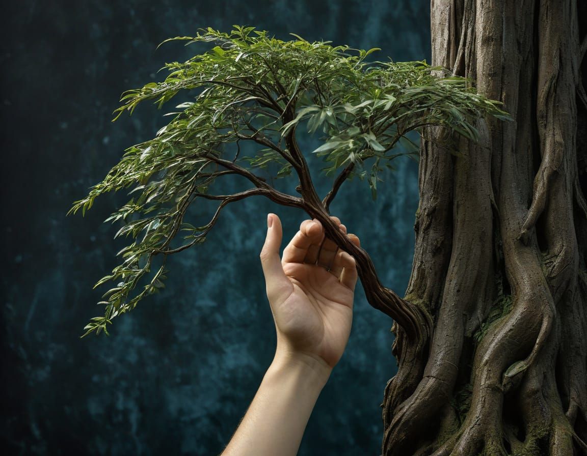 Human Hand Cradles a Thriving Tree in a Surreal Bond
