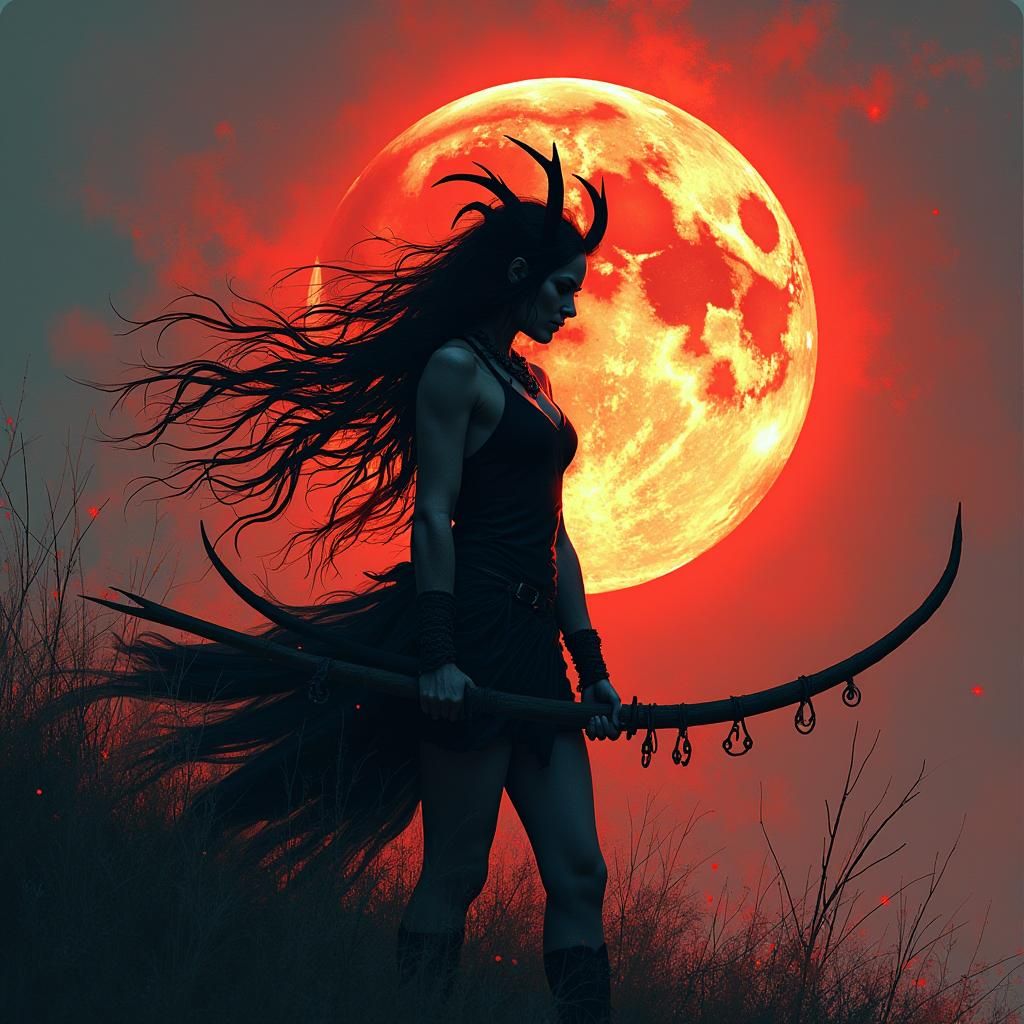 Celtic Huntress Silhouette with Blood Moon in Tachisme Style