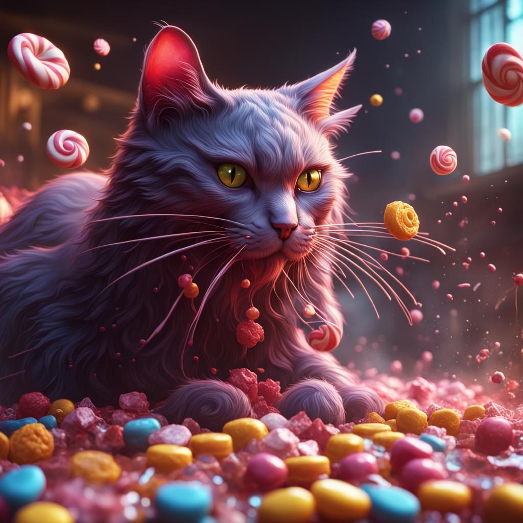 Cat Vomiting Candy: Detailed Matte Painting
