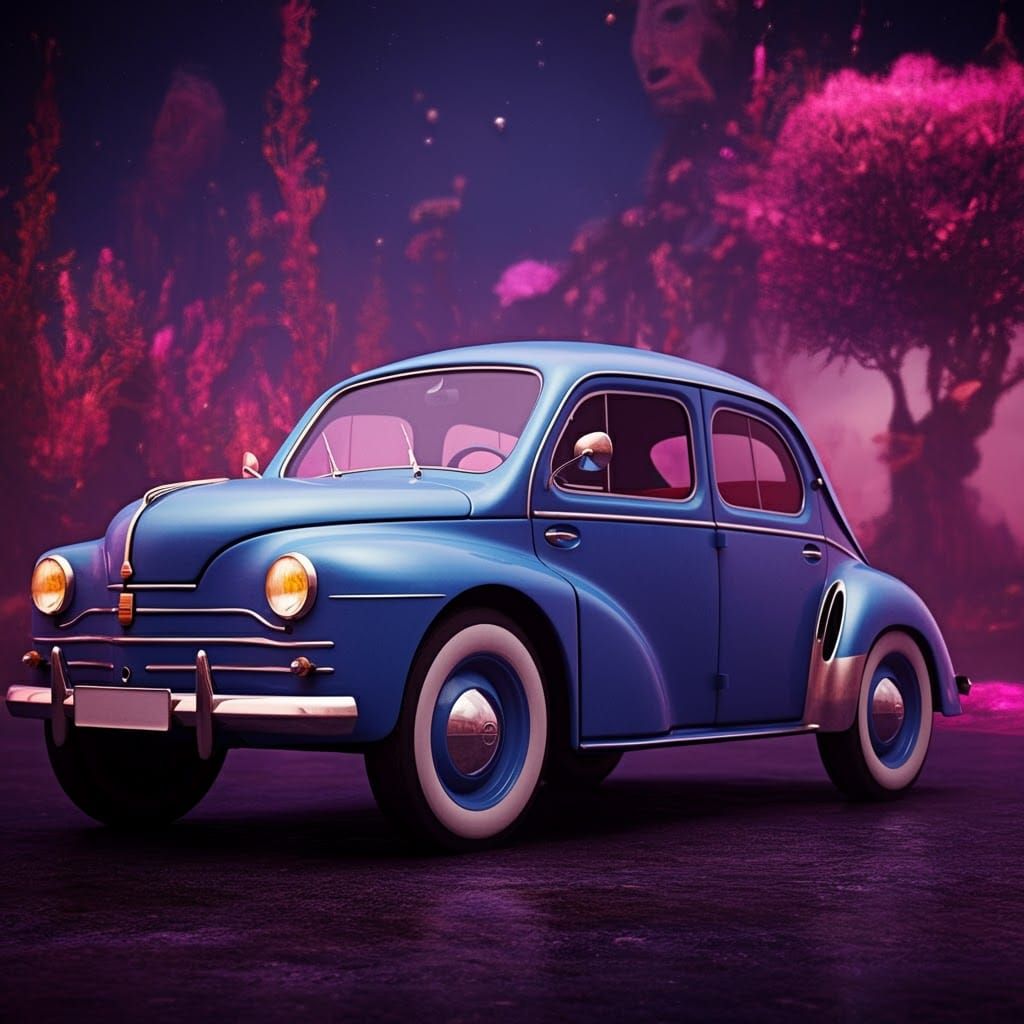 Stylized 1950 Renault 4cv in Dreamlike Fantasy Setting