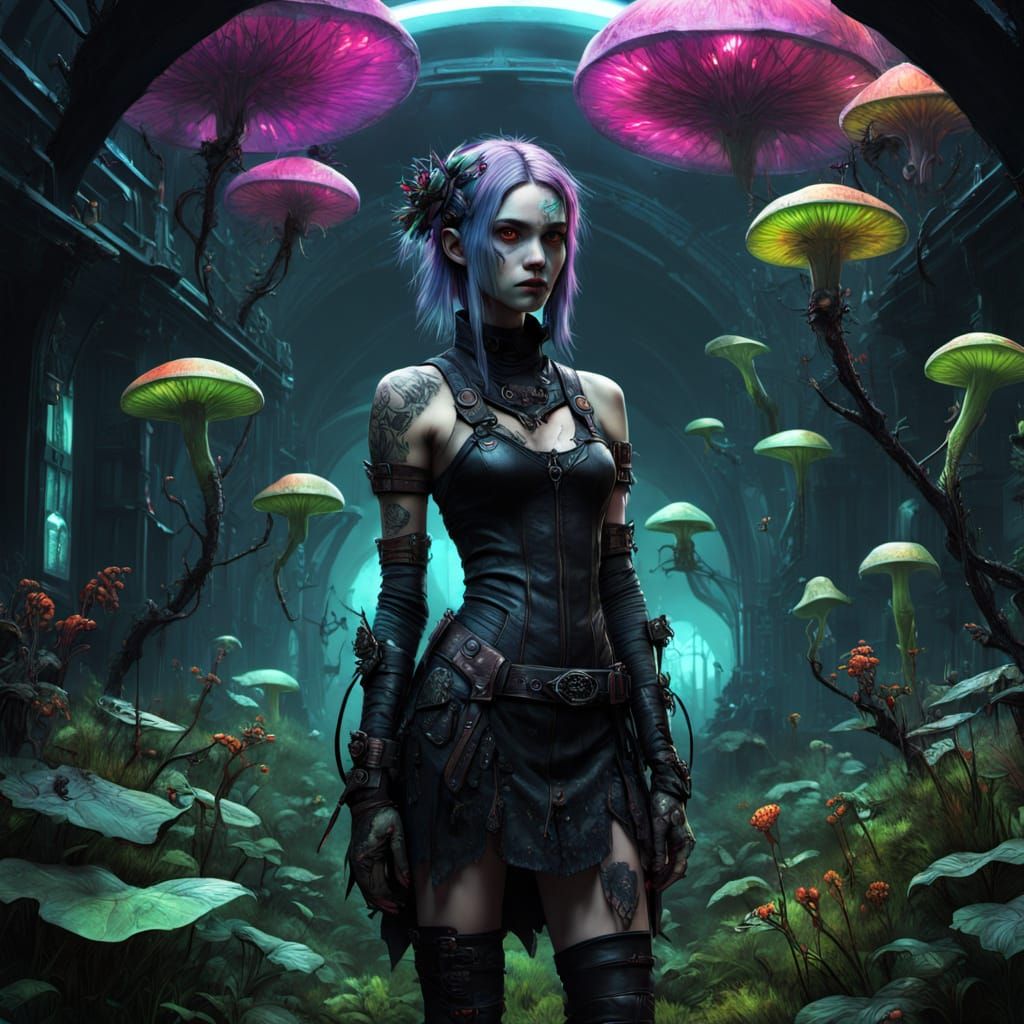 Gothic Druid's Cyberpunk Garden with Bioluminescent Fungi